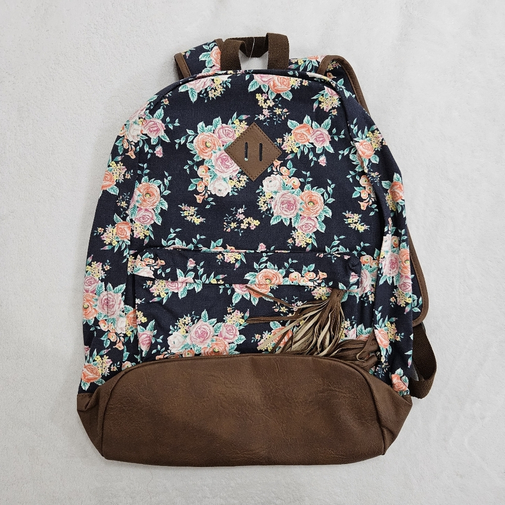 Mudd Backpack in Navy Blue & Brown with Pink Floral Print